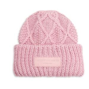 Kurt Geiger London Metallic Logo Cable Knit Beanie Winter Hat in Light Pink